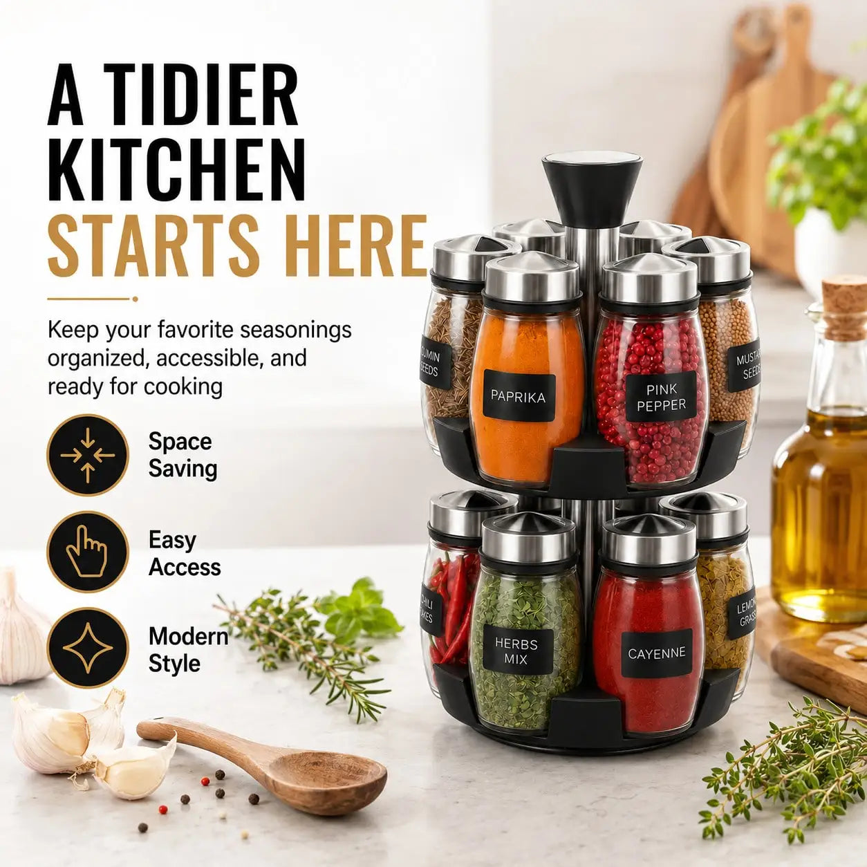 12pcs Glass Jar Set - Rotating Kitchen Spice Rack Organizer, Countertop Herb & Spice Carousel - Ideal For Kitchen Counter Accessories, Spice Organization, And Storage