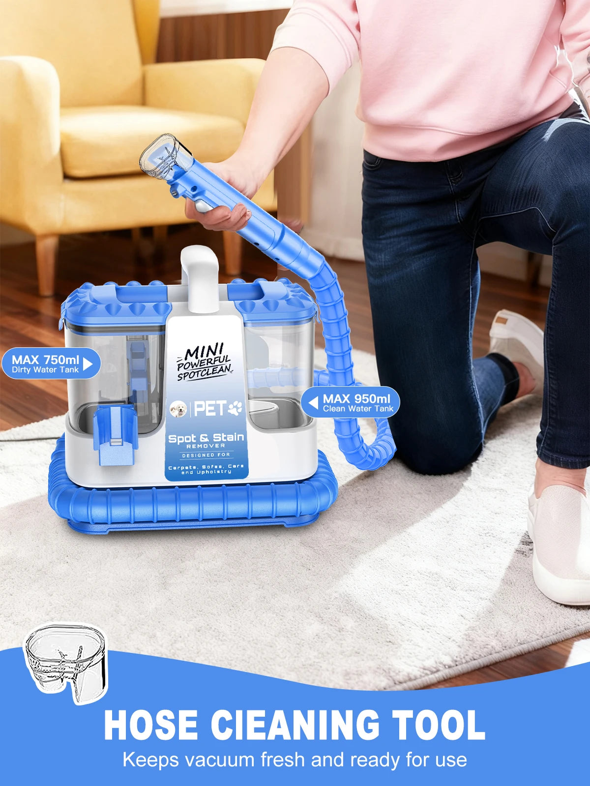 Carpet + Upholstery Cleaner Machine, 32Kpa Powerful Suction w/ 5 Cleaning Tools,Lightweight for Rug,Carpet,Car Seats,Pets,Stairs