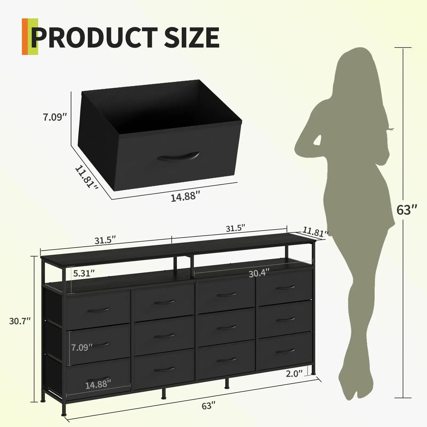 63 Inch Long Dresser For Bedroom With 12 Drawers And 2 Open Cubbies MDF Top And Steel Frame Sturdy Large Chest Of Drawers Also Functions As TV Stand For 65 To 75 Inch TV