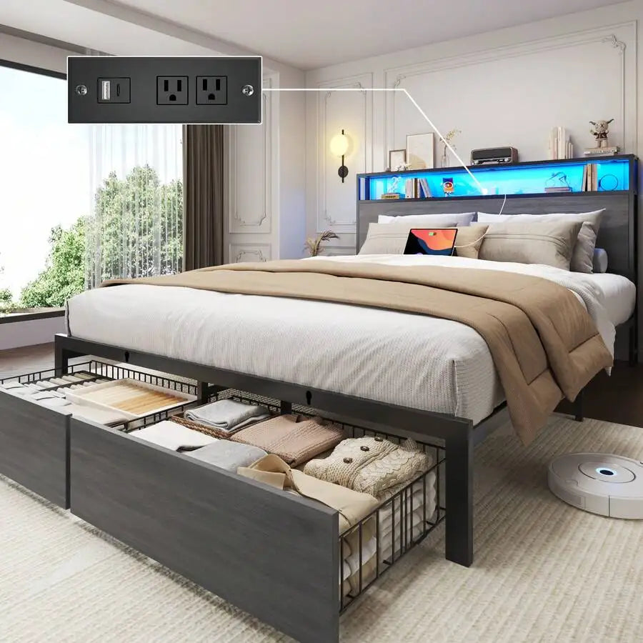 Queen & Full Bed Frame With Storage, 2-Tier Storage Headboard & Built-In Drawers, Metal Platform Bed With USB Charging Station & LED Lights, Noise Free, No Box Spring Needed, Easy Assembly,Rustic Grey