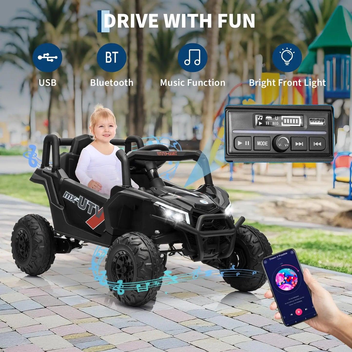 Kids Electric UTV Ride On Car Bluetooth Music Speakers