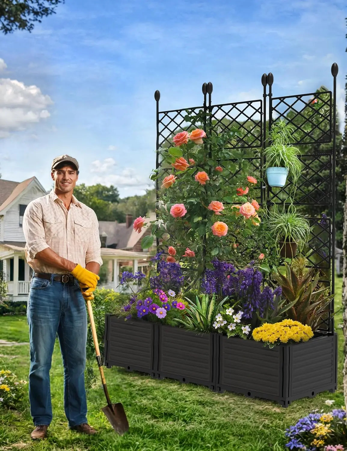 Plastic Planter Box w/ Trellis Rack 5.25FT Tall Raised Garden Bed Drainage for Outdoor Balcony Patio Flower Vegetable Planting