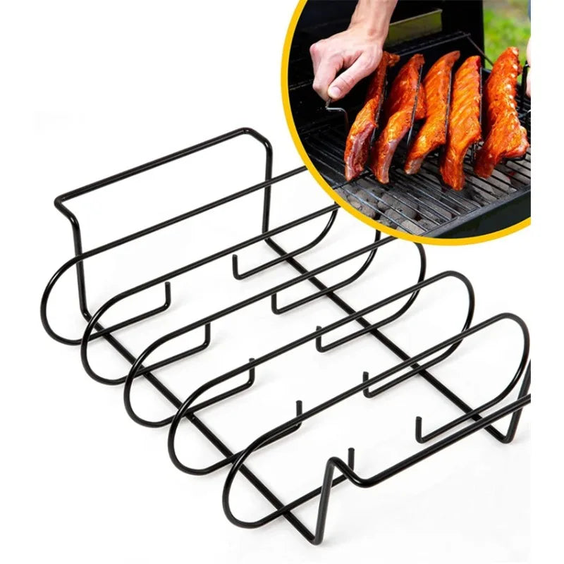 1PC BBQ Rib Racks Non-Stick Coated Steel Roasting Barbecue Meat Roasting Grilling Stand Holds 4 Rib Rack For Gas Grill