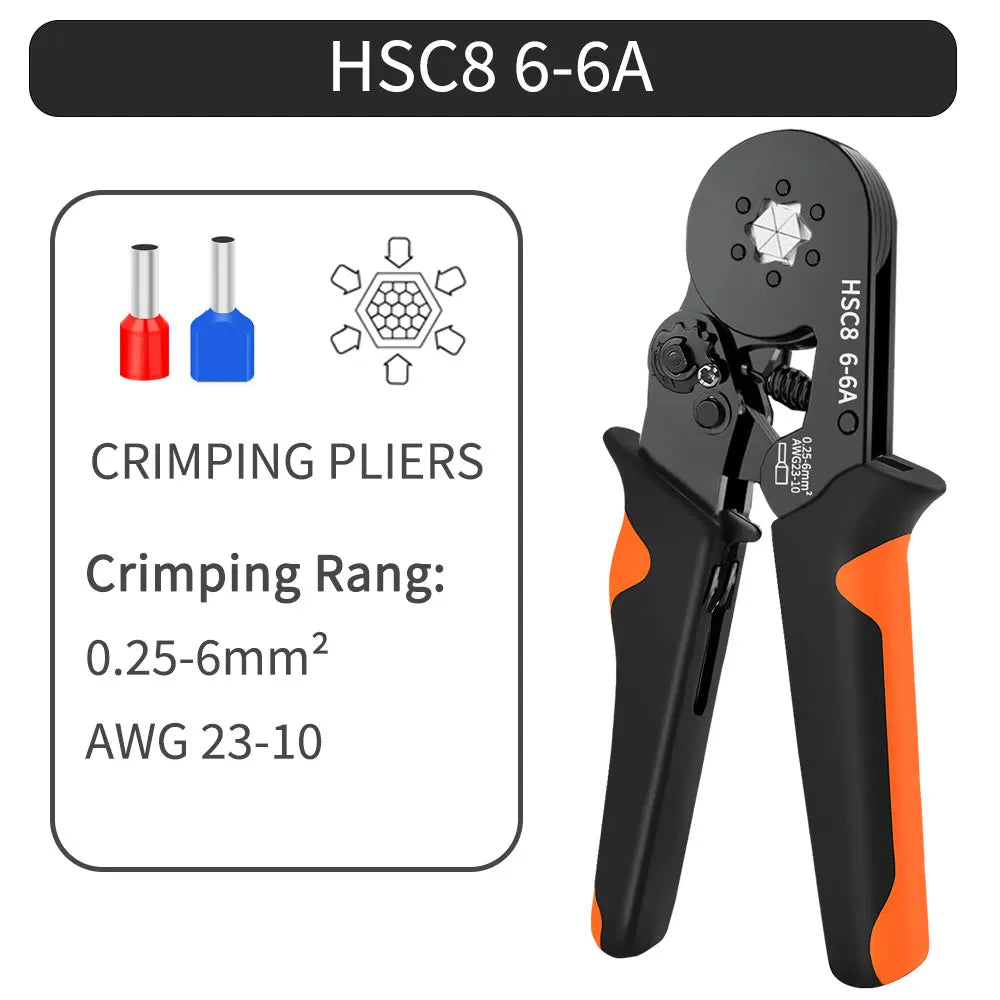 Hexagonal Self-Adjustable Ratchet Ferrule Crimping Tool Kit 23-7AWG 0.25-10mm² Crimper Kit with Ferrule Sleeves Wire Terminals