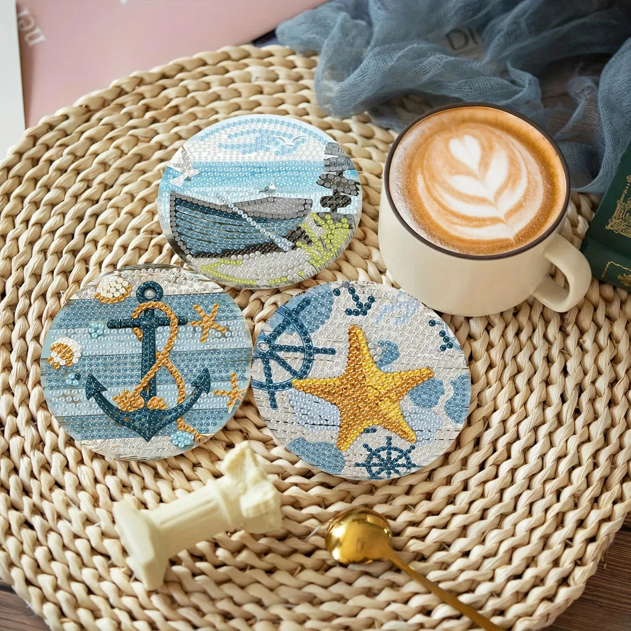8 pieces/set of dog, beach, lighthouse pattern diamond painted coaster set, sparkling rhinestone heat-resistant beverage mat wit