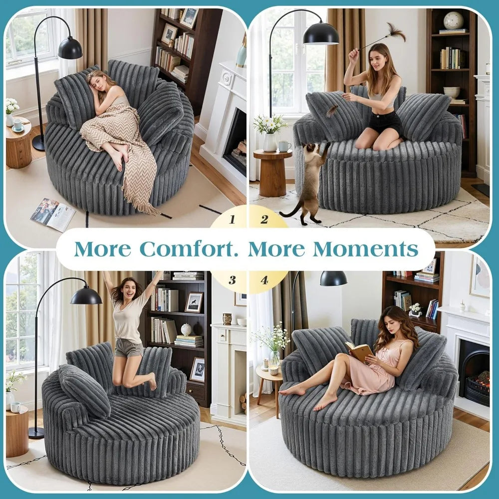 54 Oversized Round Chair Lounge Chaise Indoor, Cloud Couch Upholstered Corduroy Deep Seat Sofa Bed with Pillow/Anti-Slip