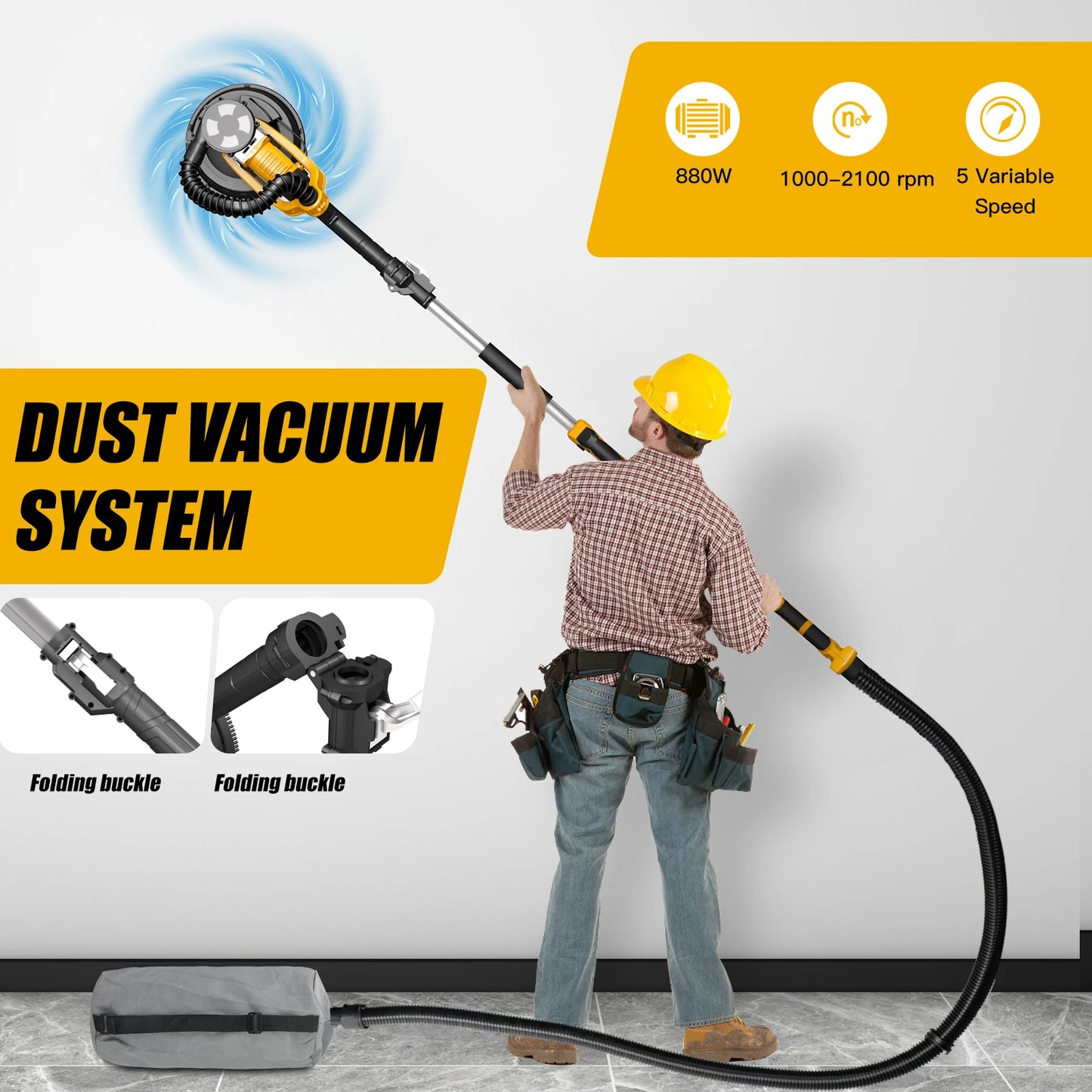 ZHJAN Drywall Sander with Vacuum Auto Dust Collection(880W),Double-Deck LED Lights Sander, 5 Variable Speed