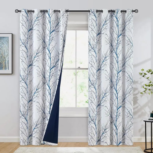 100 Blackout Curtains for Bedroom, Blue White Tree Curtains 84 Inches Long for Living Room, Grey Farmhouse Room Darkening Window