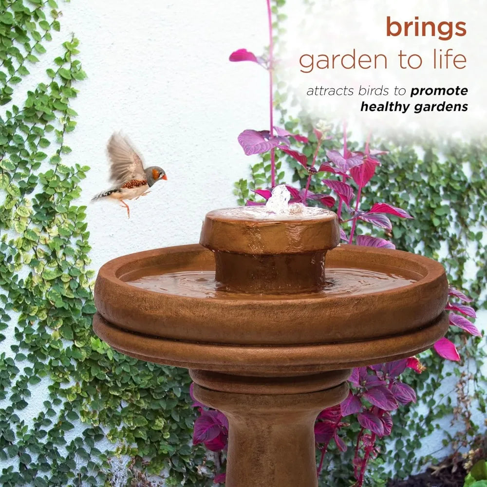Outdoor Floor Vintage Pedestal Water Fountain with Bird Bath and LED Lights, 29, Brown