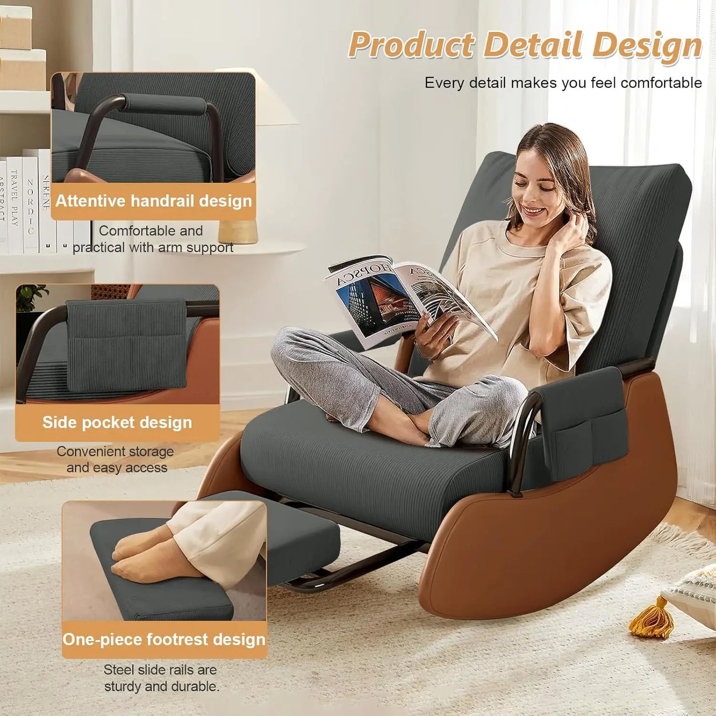 Rocking Chair Nursery, Upholstered Glider Rocking Chair with Side Pocket and Adjustable High Backrest, Foldable, Customized