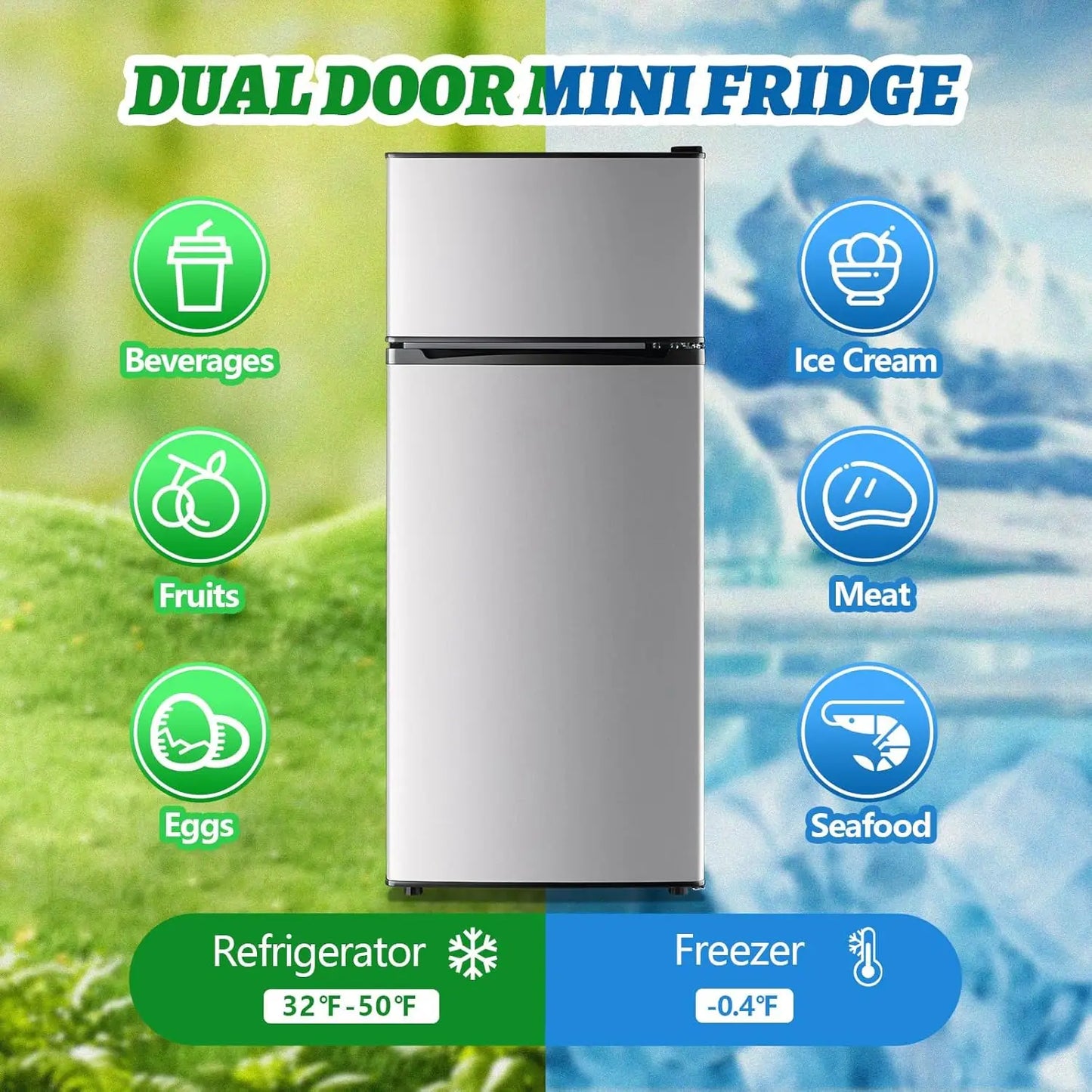 4.5Cu.ft Refrigerator with Freezer Two Door Fridge with Removable Glass Shelves, Crisper Drawer & Extra, Customized
