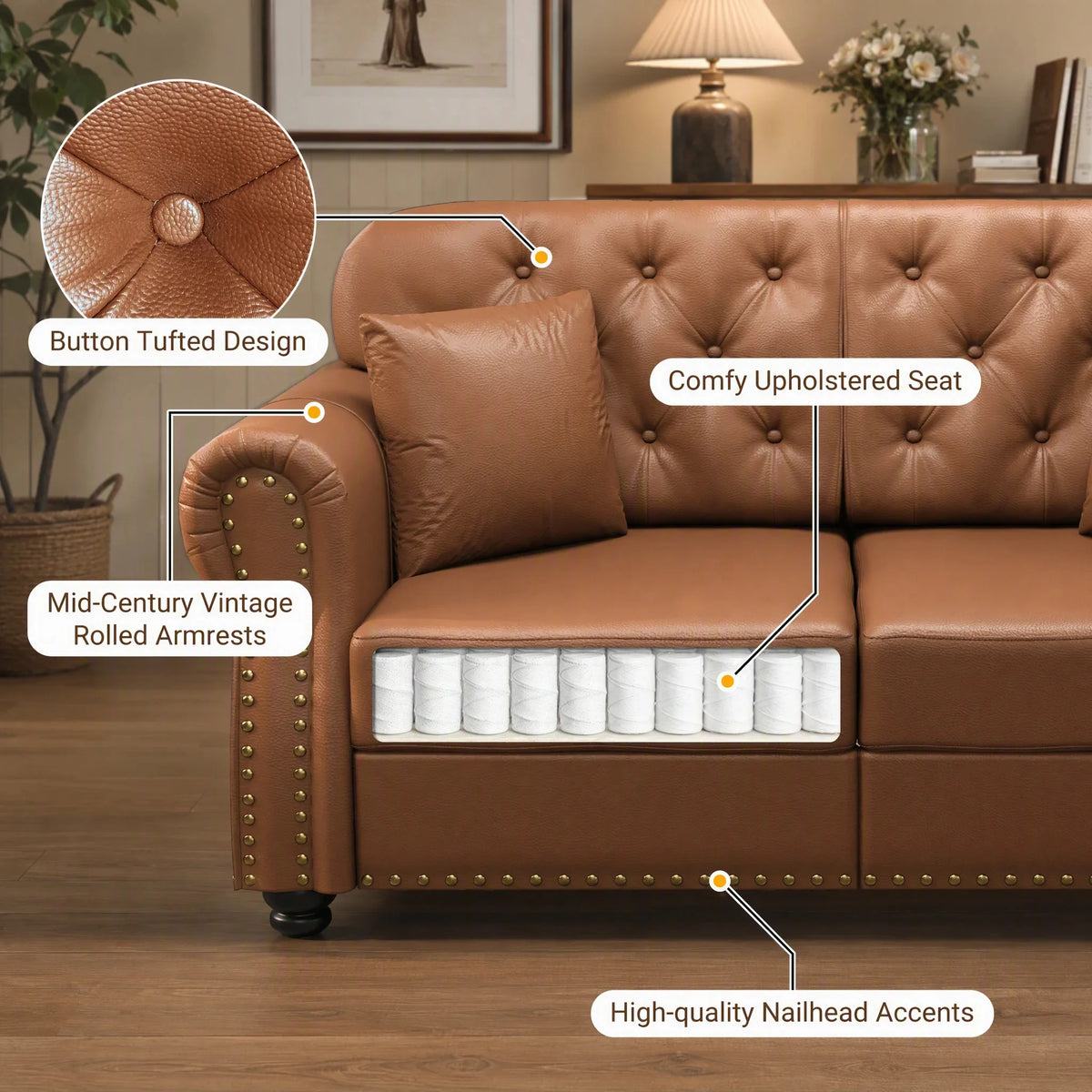 41.3-inch Faux Leather Chesterfield Decorative Sofa Featuring Nailhead Trim and Cushion Suitable For Living Room Bedroom and Home Office