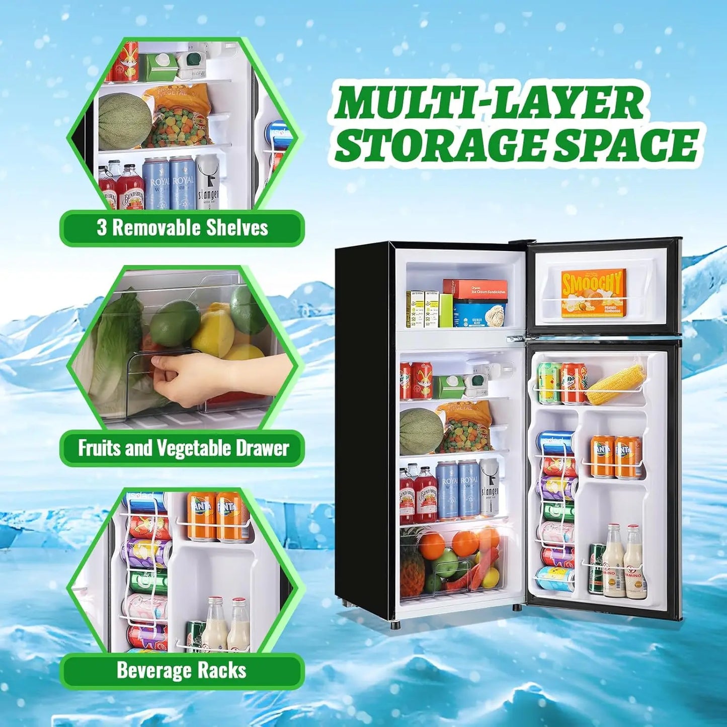 4.5Cu.ft Refrigerator with Freezer Two Door Fridge with Removable Glass Shelves, Crisper Drawer & Extra, Customized