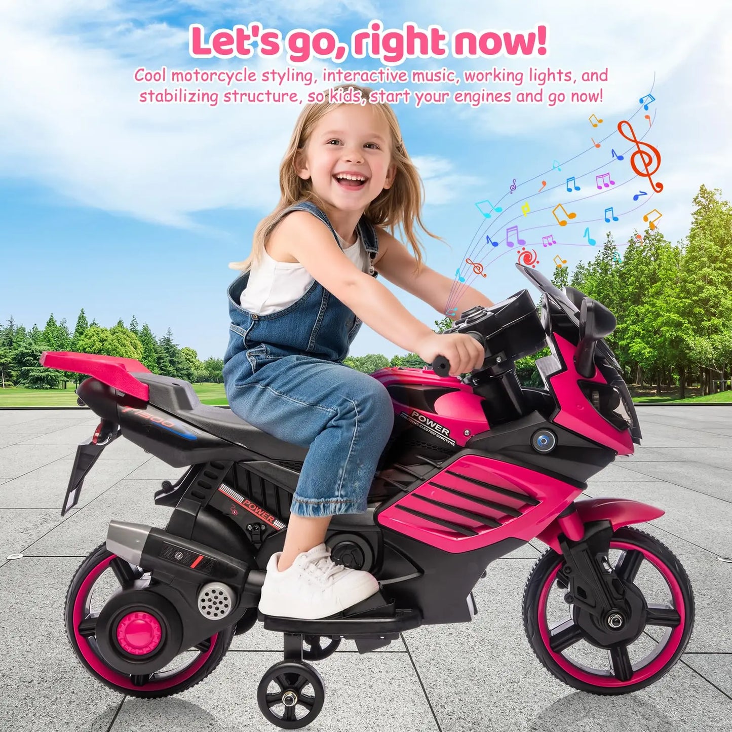 6V Kids Ride On Motorcycle Electric Toddler Motorbike With Training Wheels, EVA Tread Tires, Headlight, Horn, Music, 2 MPH Ride Toy