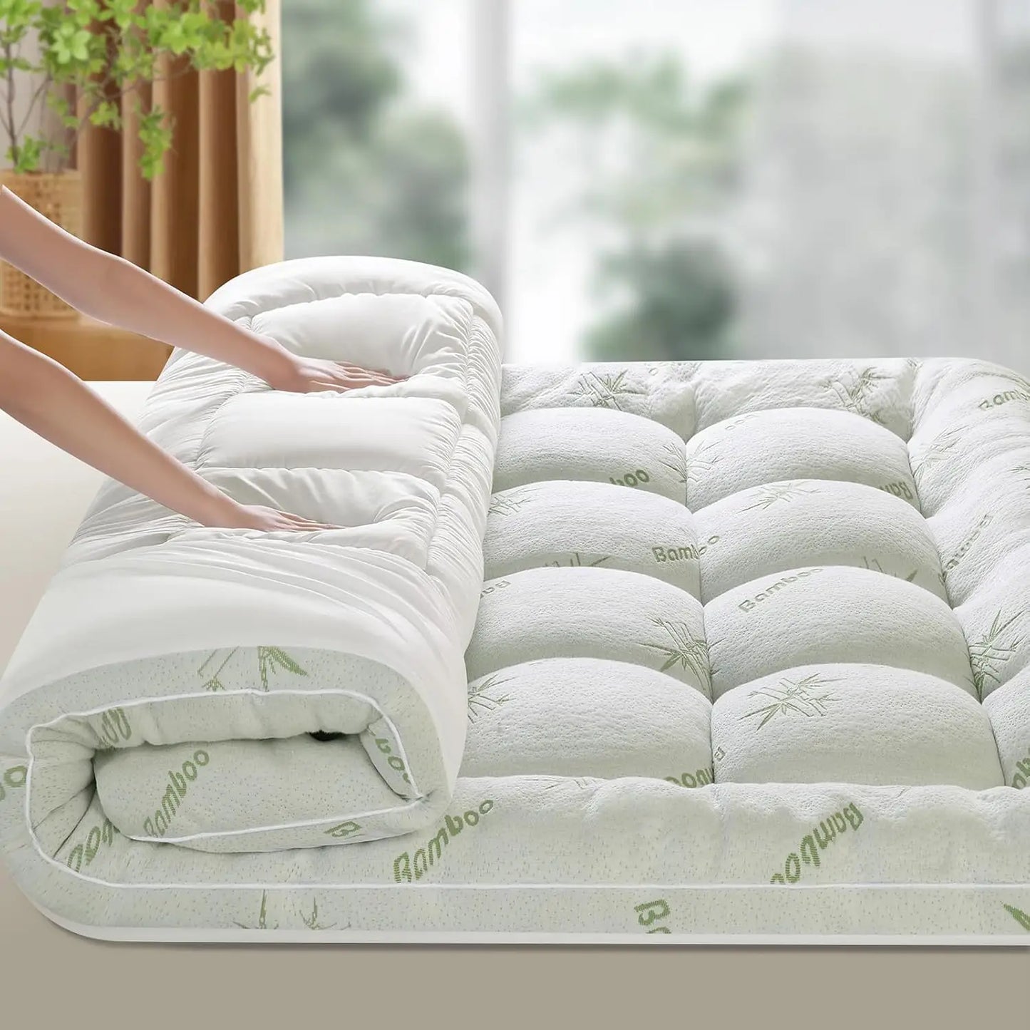 Ultra-Soft Cooling Bamboo Mattress Topper, Breathable Pillow-Top Pad with Deep Pockets for Hot Sleepers