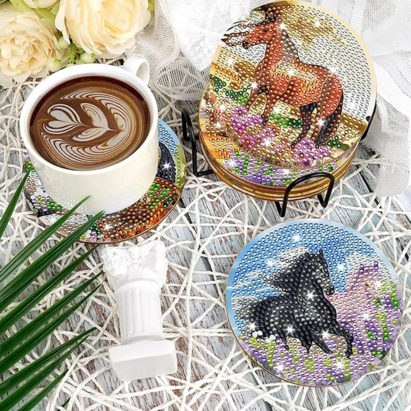 8 pieces/set animal horse pattern diamond painted coaster set with holder DIY coaster beginner coaster, craft supplies gift