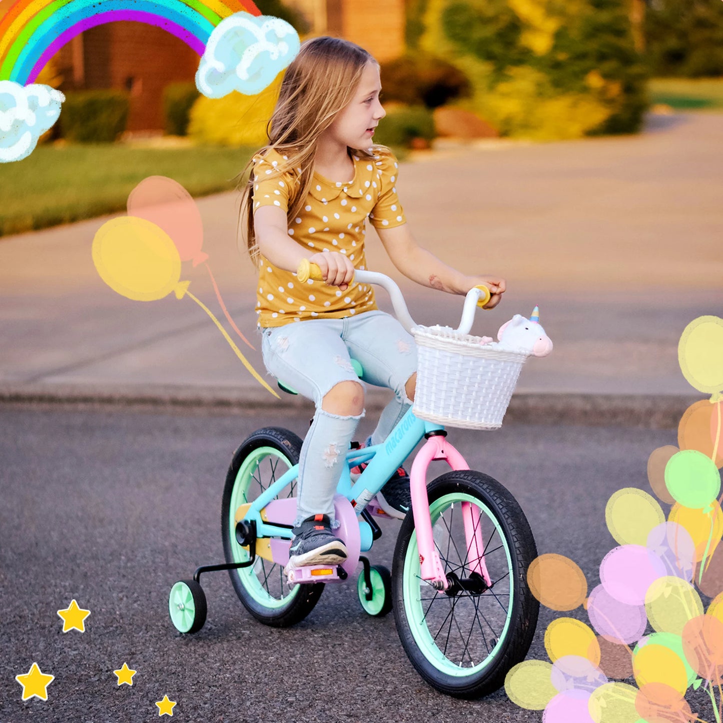 JoyStar Macaroon Kids Bike With Training Wheels And Front Basket
