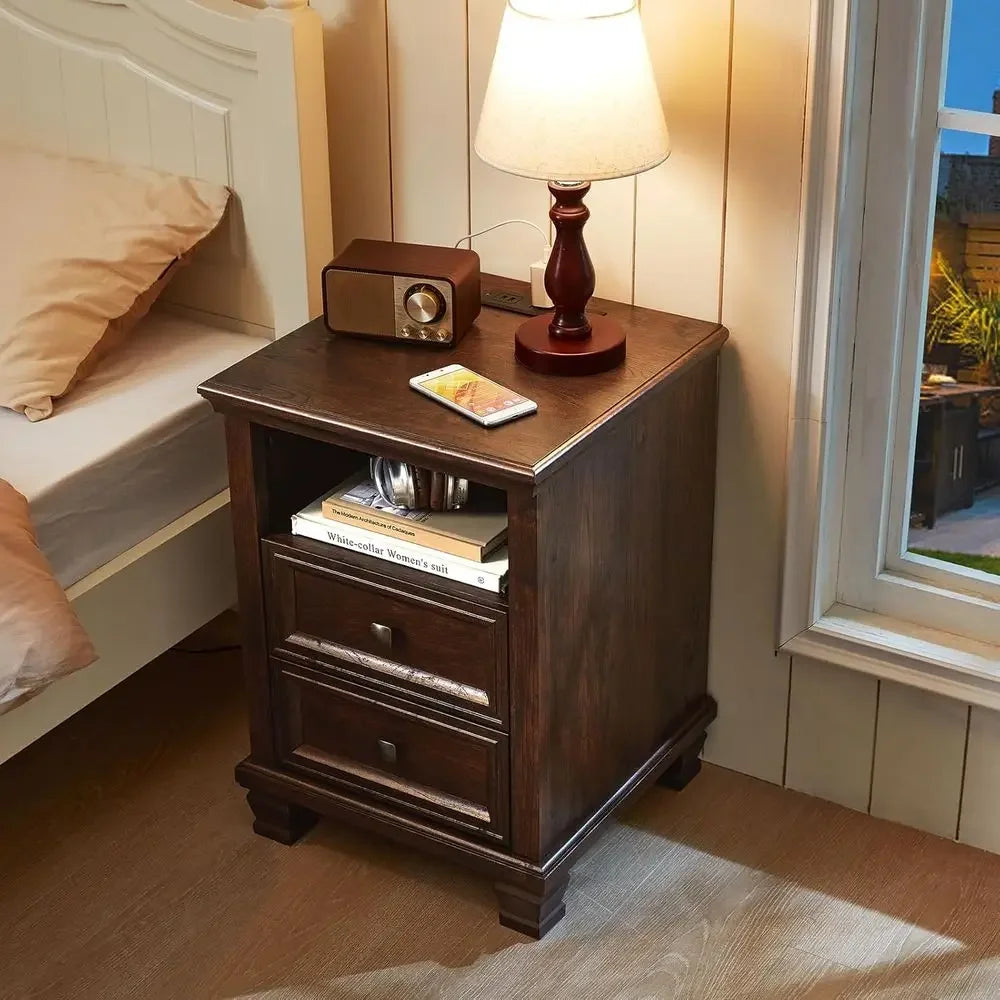 armhouse Nightstand Set o 2 with Charging Station, Rustic Brown Nightstand, 2 Ders End Table, Bede Table with Open Shel or Bedro