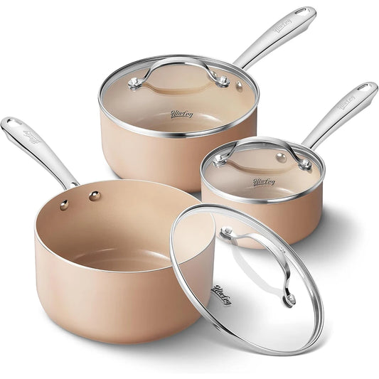 6pcs Nonstick Saucepan Set with Lids, Pot Set, Ceramic Coating, Less Oil and Easy to Clean, Stainless Steel Handle, Oven Safe