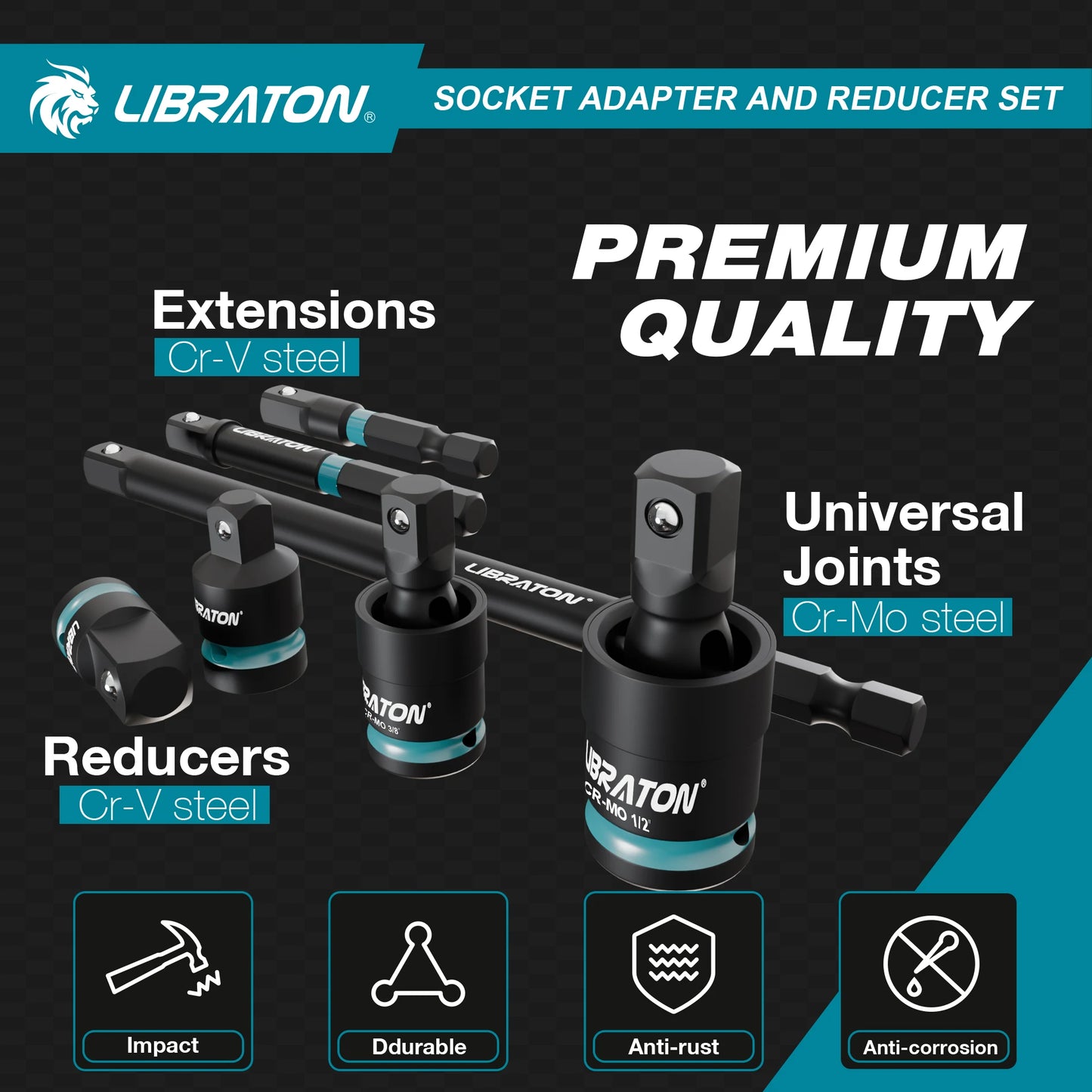 Impact Socket Adapters And Reducer Set With Universal Joints