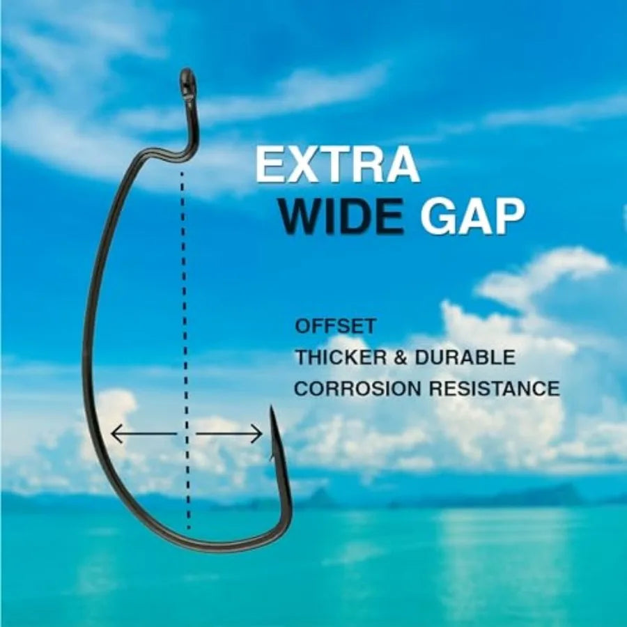 Offset EWG Worm Hooks - Super Strong Wide Gap Texas Rig Hooks for Soft Plastic Baits - High Carbon Steel Bass Fishing Hooks 25-