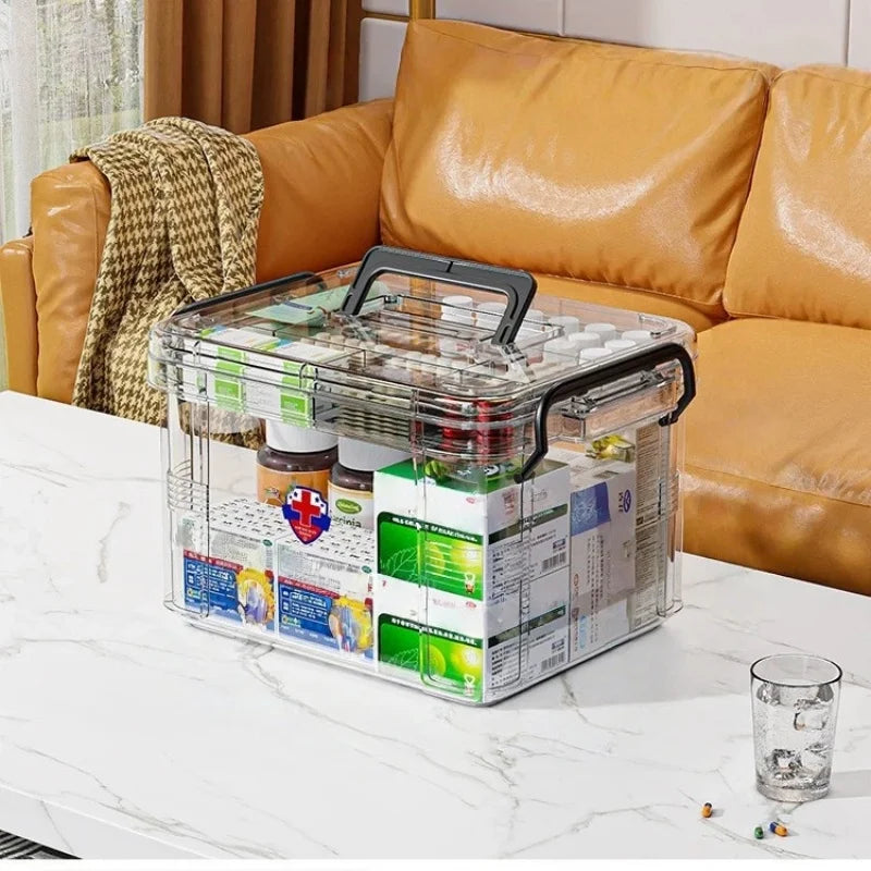 Clear Medicine Organizer Storage Box with Tray, Thickened Medicine Container Chest, Multipurpose Medical Case with Labels