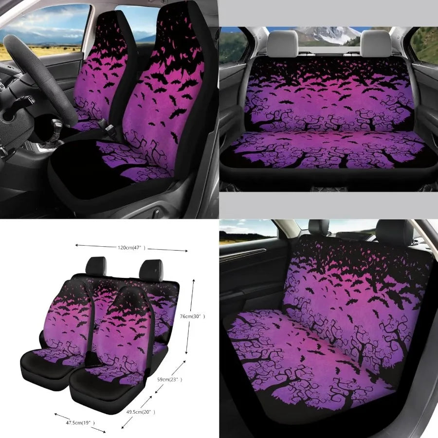 Purple Bat Print 15Pcs Car Seat Covers Full Set High Back Bucket Seat Covers with Steering Wheel Cover Safety Belt Pads Inside