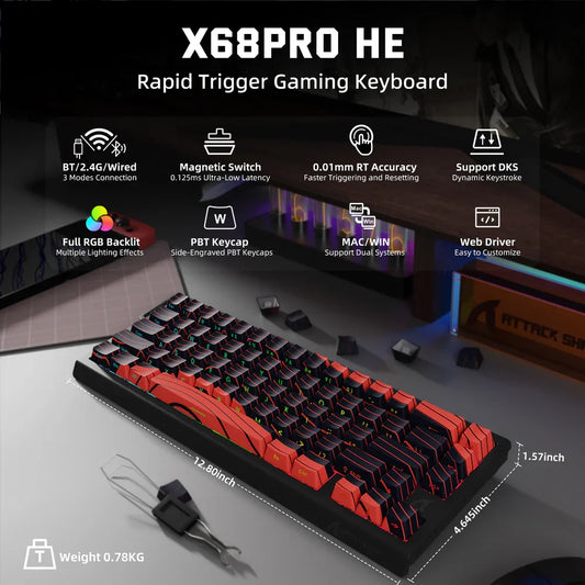 ATTACK SHARK X68PRO HE Wireless Rapid Trigger Gaming Keyboard with Adjustable Actuation,Hot-Swap,RGB Backlit,BT/2.4GHz/Wired