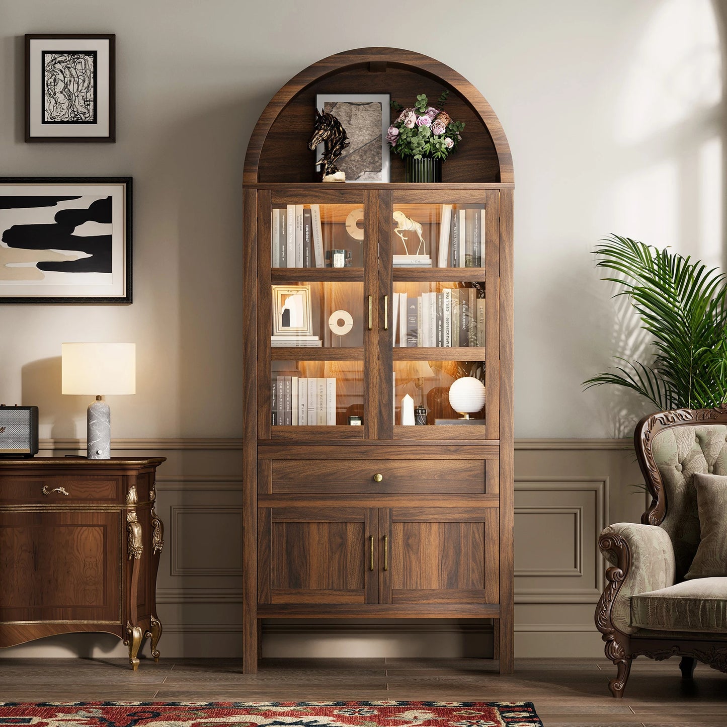 71 Inch Tall Full Wood Arched Storage Cabinet Adjustable Shelves Bookcase with Dimmable LED Lights for Living Room Bedroom