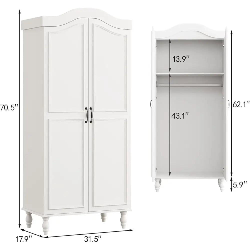 71 High Wooden Armoire with 2 Doors, Hanging Rod & Shelves - White Storage Cabinet for Bedroom or Cloakroom