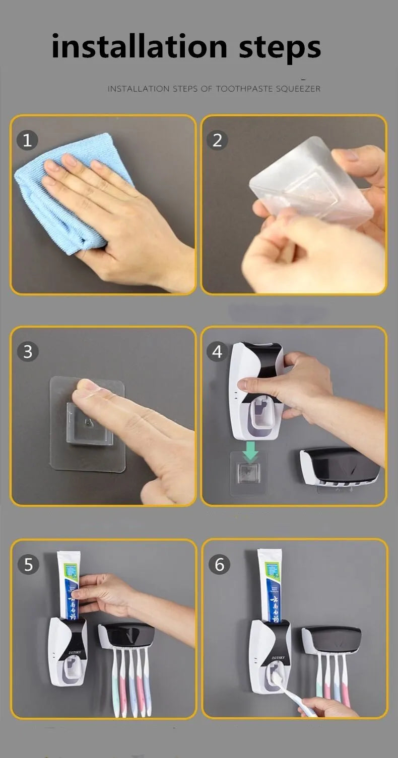 Automatic Toothpaste Dispenser Wall Mount Dust-proof Toothbrush Holder Wall Mount Storage Rack Bathroom Accessories Set Squeezer