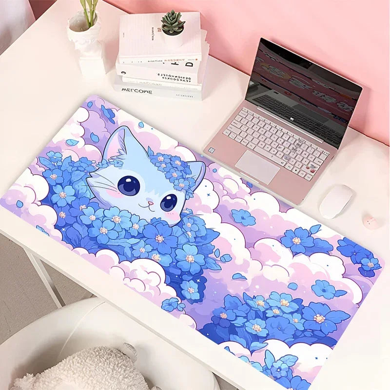 Clouds Black Cat Mouse Pad PC Green Plants Flower Gaming Keyboard Rug Laptop Kawaii Anime Gamer Cabint Mousepad Cute Desk Mat