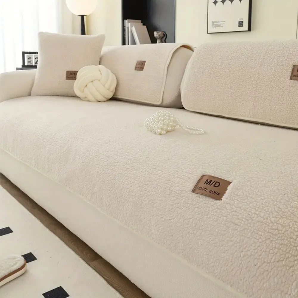 Solid Sherpa Anti-Slip Sofa Cover with PU label Decor for Living Room Coush Seat Cover, Universal Sofa Slipcover Furniture Towel