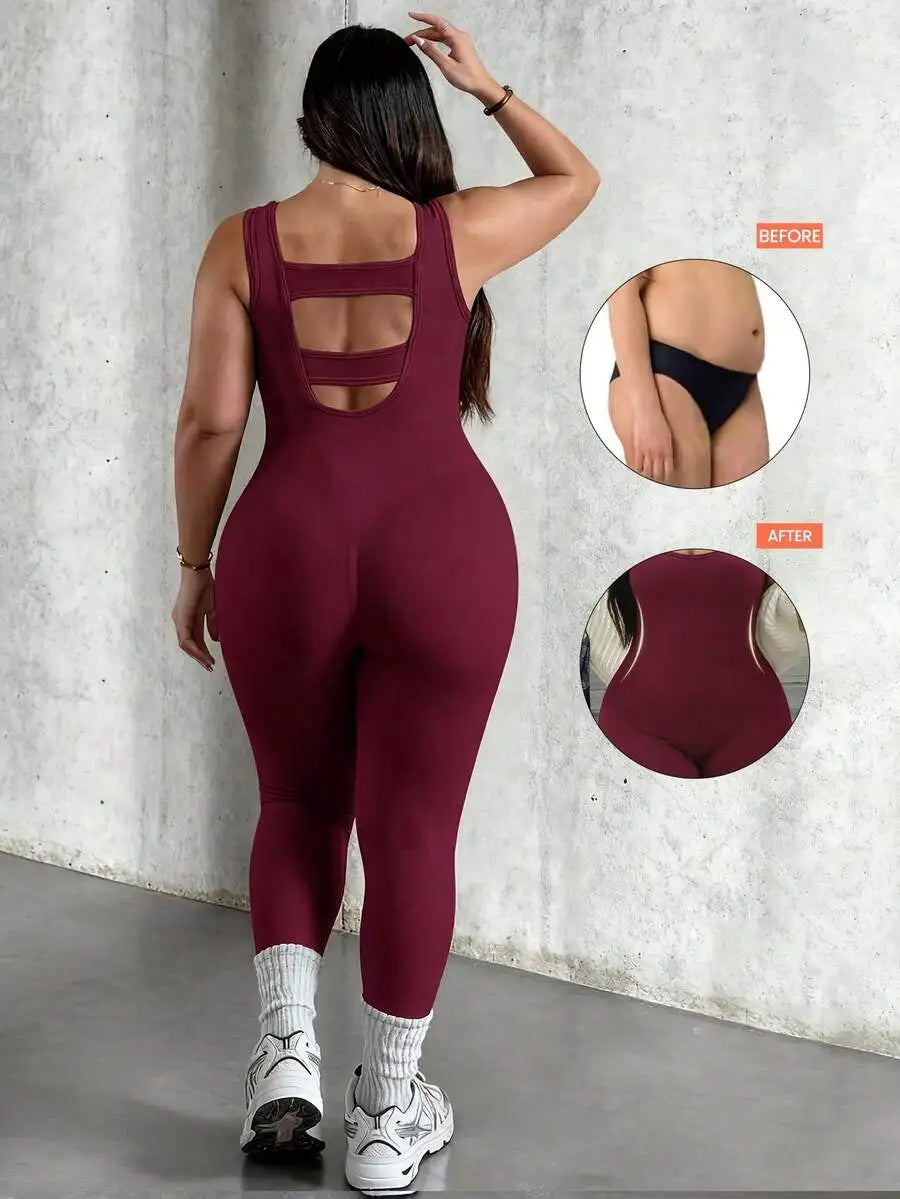 Rhythm Era 1pc Plus Size Black Backless Jumpsuit, Comfortable Stretchy Seamless Knit Yoga & Fitness Activewear