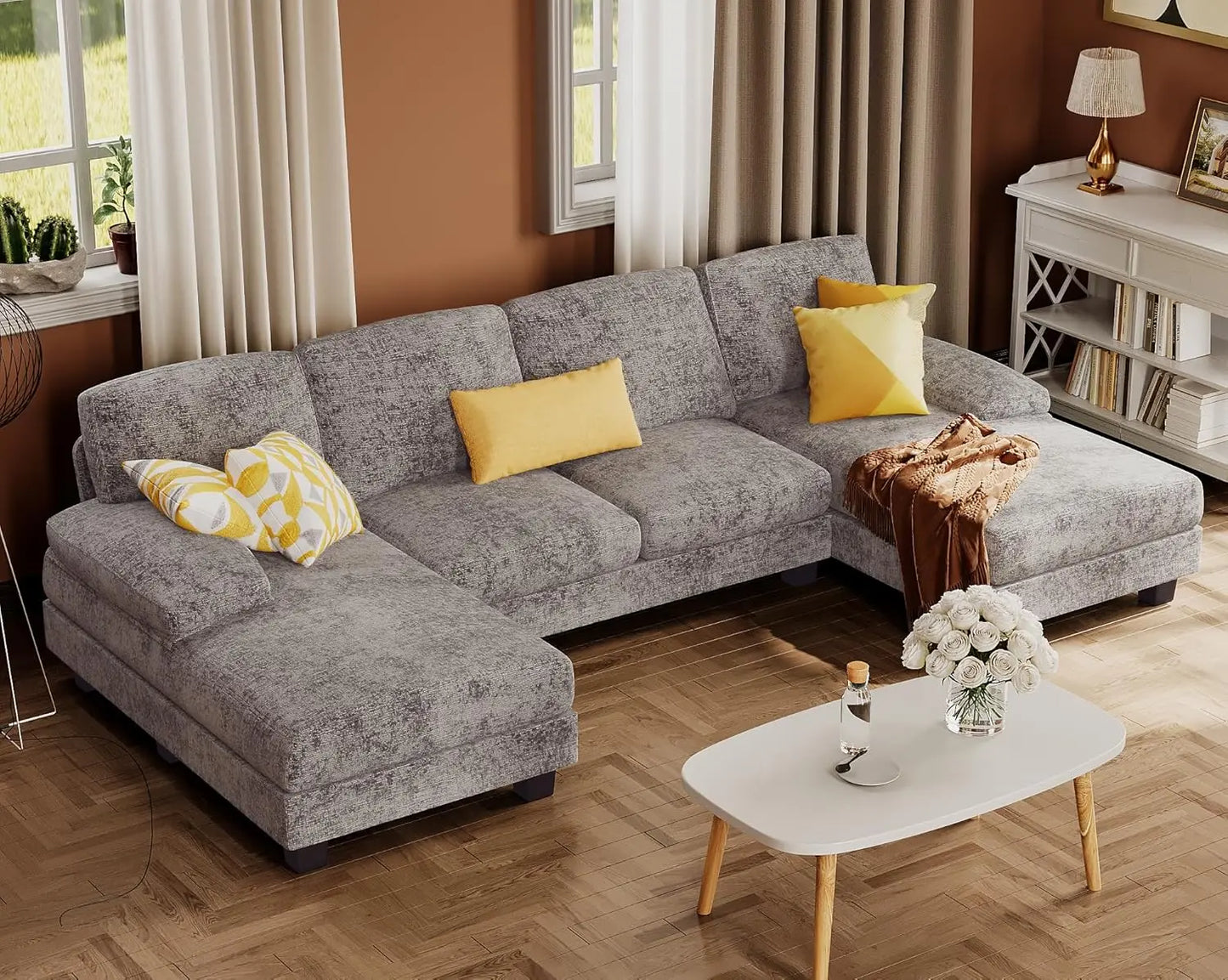Sectional Couches for Living Room, U-Shaped Sofa Couch with Linen Fabric, 4 Seat Sofa Set with Double Chaise for, Custom