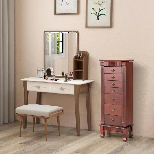 Standing Jewelry Armoire Cabinet Storage Chest with Seven Drawers Two Side Doors Twelve Necklace Hooks Makeup Mirror and Top Divided Compartment
