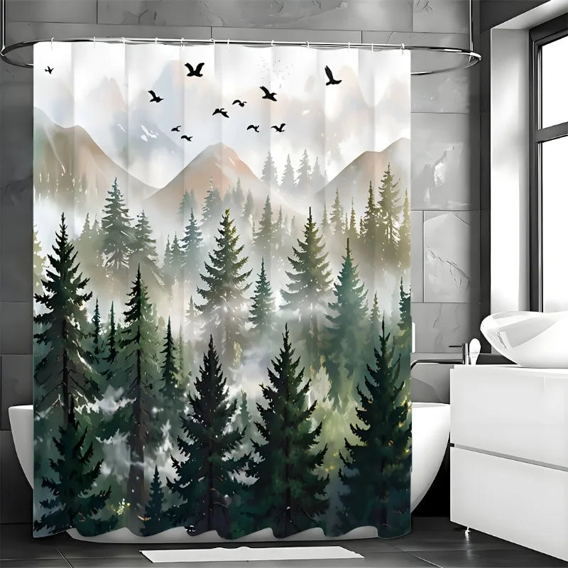 Green Misty Forest Shower Curtain Set Ombre Sage Green White