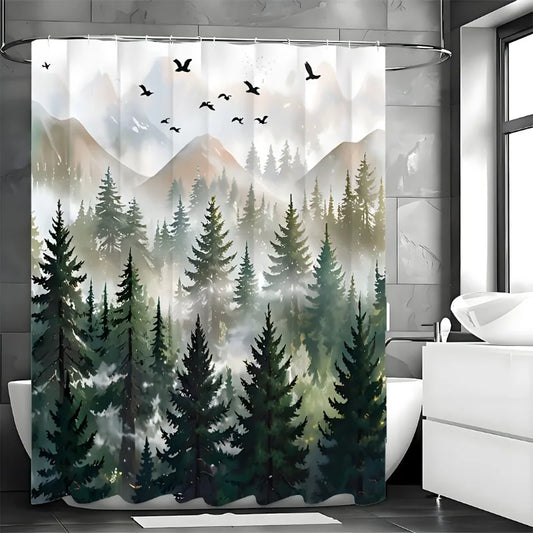 Green Misty Forest Shower Curtain Set Ombre Sage Green White