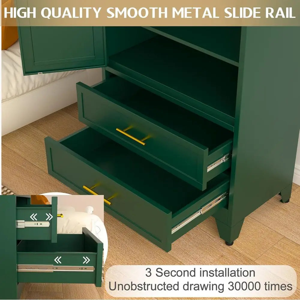 Green Metal Wardrobe Cabinet with Hanging Rod, 2 Doors, Adjustable Shelf, Drawers for Bedroom, Closet, and Storage
