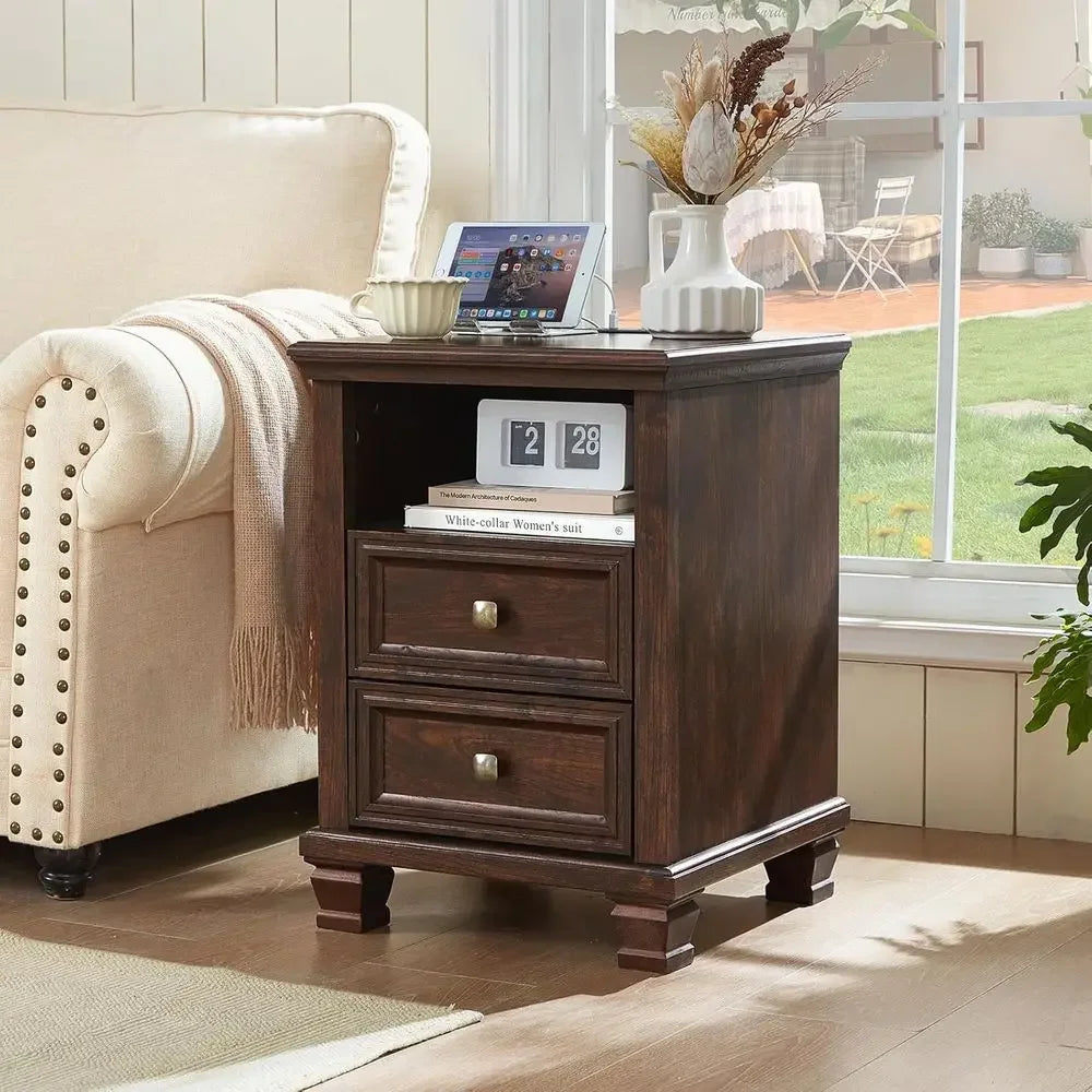 armhouse Nightstand Set o 2 with Charging Station, Rustic Brown Nightstand, 2 Ders End Table, Bede Table with Open Shel or Bedro