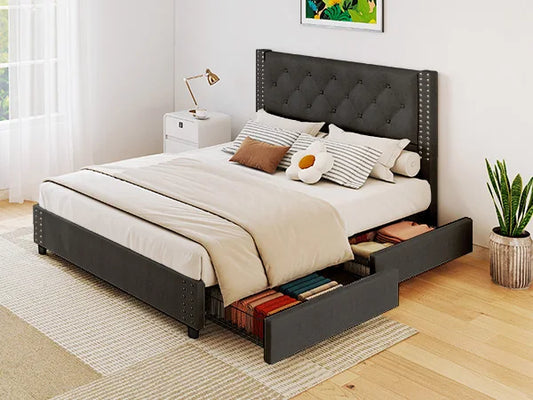 81.50×55.12×48.43inch Full Size Bed Frame w Upholstered Button Tufted Headboard Wood Slat Support Metal Platform Bed Frame