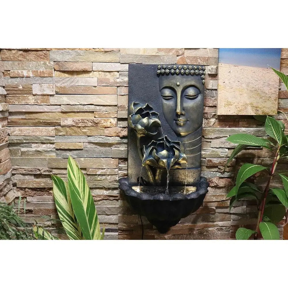 Indoor/Outdoor Wall Fountain with Cascading Lotus Buddha, 32.3'' Tall, Perfect for Home and Garden Decor