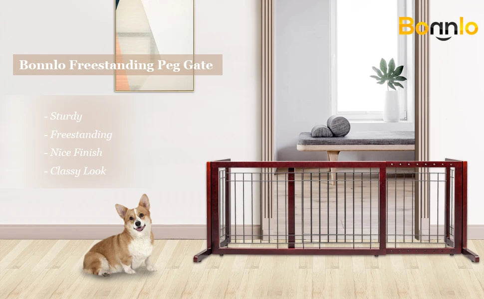 Bonnlo Cherry Free Standing Dog Gate 37"-68" Wide Adjustable Wooden Pet Fence Indoor for Fireplace Stairs Doorways Christmas Tre