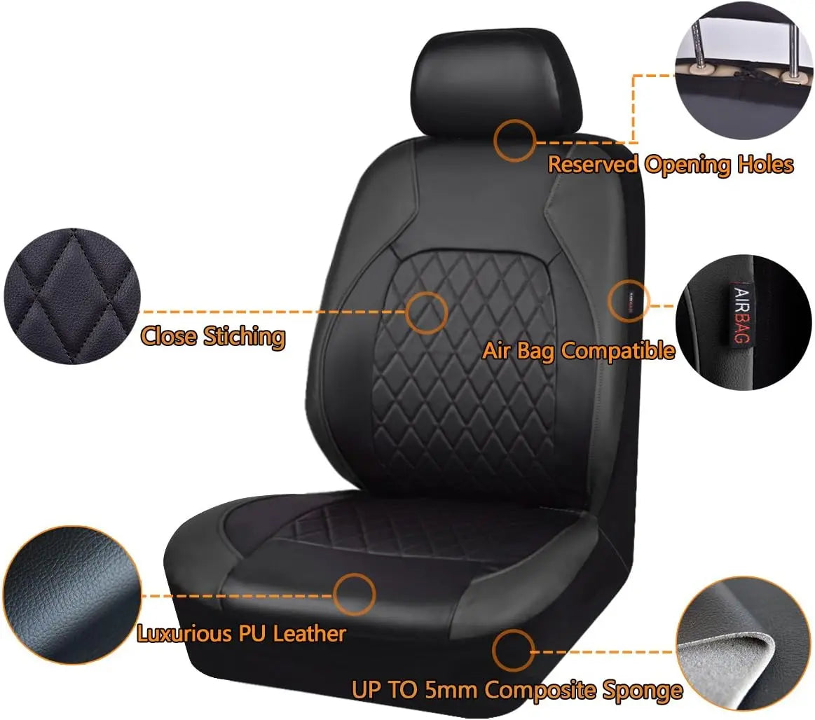 Premium Faux Leather Car Seat Covers Full Set, Airbag Compatible, Universal Fit for Cars Trucks SUVs