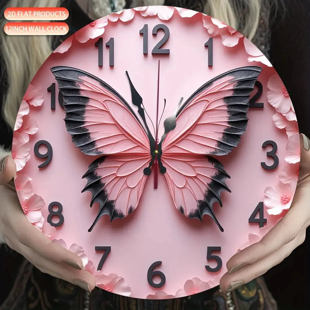 One Piece of a 9.84-Inch Wooden 2D Flat Pink Butterfly Wall Clock Featuring Black Hands And Large, Easy-To-Read Numbers. It Boas