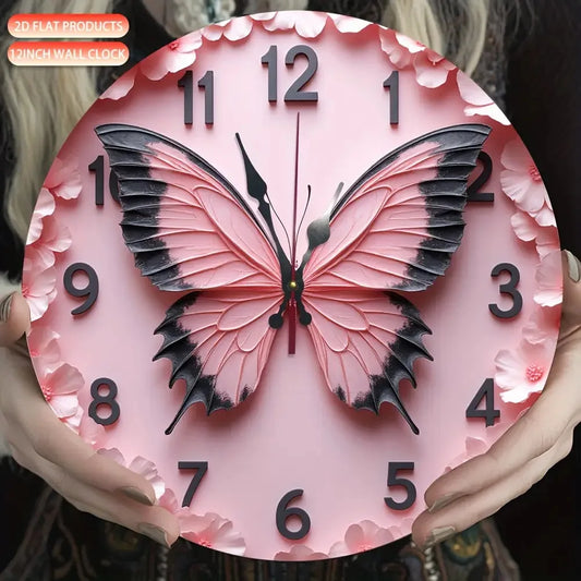 One Piece of a 9.84-Inch Wooden 2D Flat Pink Butterfly Wall Clock Featuring Black Hands And Large, Easy-To-Read Numbers. It Boas