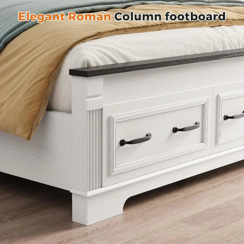 Farmhouse Queen Bed Frame 51" Headboard 2 Storage Drawers Roman Footboard | koorlian Platform Bed Large Wooden