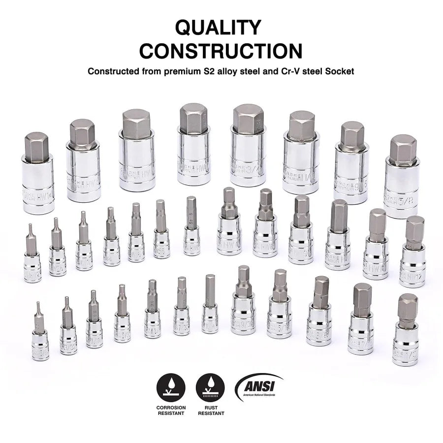 33 Piece Master Hex Bit Socket Set, S2 Steel, SAE and Metric, Allen Socket Bit, 5/64-inch to 3/4-inch, 2mm to 19mm Socket Tool