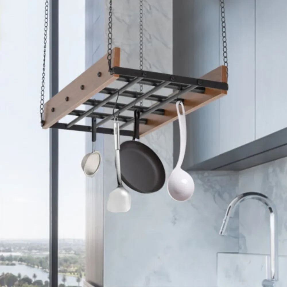 Adjustable Ceiling-Mounted Kitchen Hanging Pot Pan Holder – Cookware Organizer Rack W/ Spring Clips, Space-Saving Storage Shelf