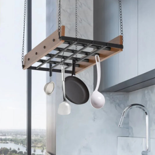 Adjustable Ceiling-Mounted Kitchen Hanging Pot Pan Holder – Cookware Organizer Rack W/ Spring Clips, Space-Saving Storage Shelf